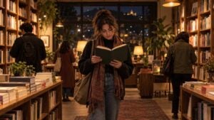 Mujer adulta lee una novela de tapa dura en una librería de Bogotá mientras otras personas miran libros.