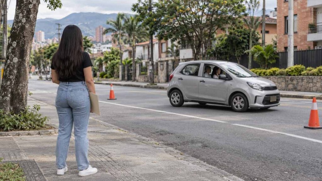 Aprendiz e instructor dentro de un carro de enseñanza mientras una mujer espera con una carpeta.