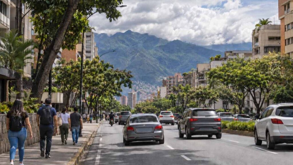 Peatones caminan de espaldas por una avenida de Caracas con el Ávila al fondo.