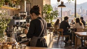 Una barista prepara café en una tienda con clientes en Bogotá.