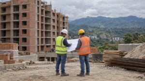 Dos obreros revisan planos en una obra de vivienda de ladrillo con montañas verdes al fondo.