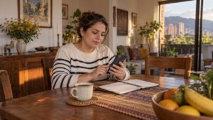 Mujer sentada a la mesa de su casa revisa el saldo del celular junto a una libreta y una taza de café.