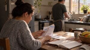 Mujer revisa facturas y cuenta monedas en una cocina mientras un hombre lava platos al fondo