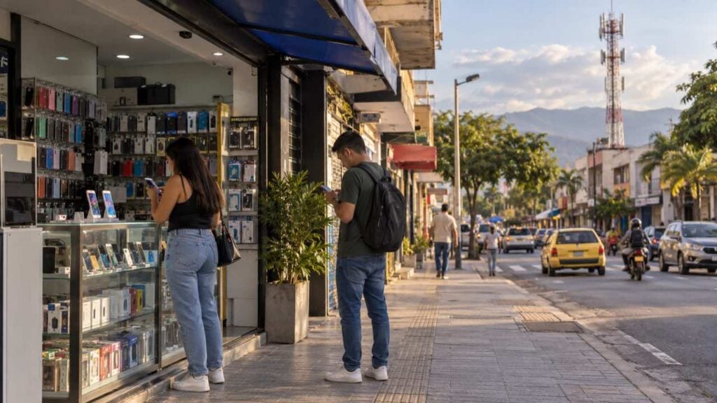 Mujer y joven miran sus teléfonos frente a un local de celulares, con una antena al fondo.