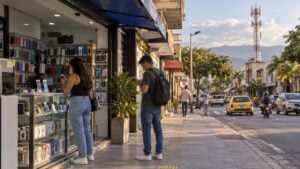 Mujer y joven miran sus teléfonos frente a un local de celulares, con una antena al fondo.