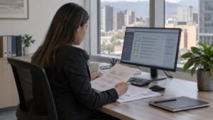 Una analista revisa documentos en la oficina de cumplimiento de un banco.