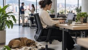 Una trabajadora en su escritorio de oficina con un perro que descansa a su lado.