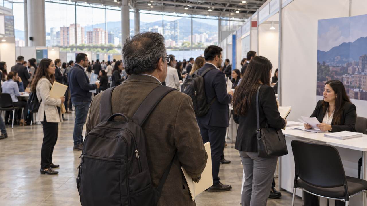 Bogotá ofrece unas 18.000 vacantes en la Megaferia de Empleo del jueves 15 en Corferias: 1.180 son para mayores de 50 años 1 Personas de distintas edades conversan con reclutadores en los stands de una feria de empleo.