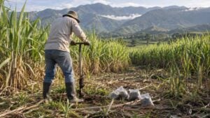 Un técnico toma una muestra de suelo con un barreno en un cultivo de caña del Valle del Cauca.