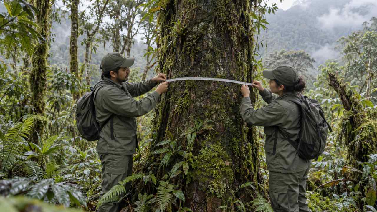 La ONU halló que menos de la mitad de las metas de los países por la naturaleza va a tiempo: la COP17 las revisa desde el lunes 19 1 Dos guardaparques miden un árbol entre musgo y helechos de un bosque andino húmedo.