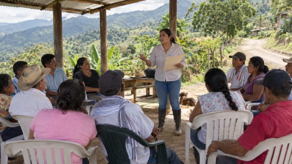 Habitantes de una vereda escuchan una explicación en una reunión comunitaria al aire libre