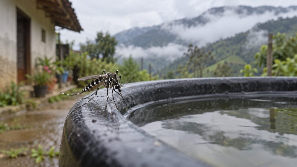 Un mosquito de rayas blancas y negras posado sobre un recipiente con agua en el patio de una casa rural de montaña.