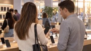 Clienta de espaldas muestra su teléfono a un asesor en una tienda de telefonía de Bogotá