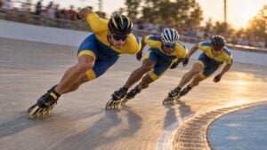 Patinadores de velocidad toman la curva de una pista en plena carrera.
