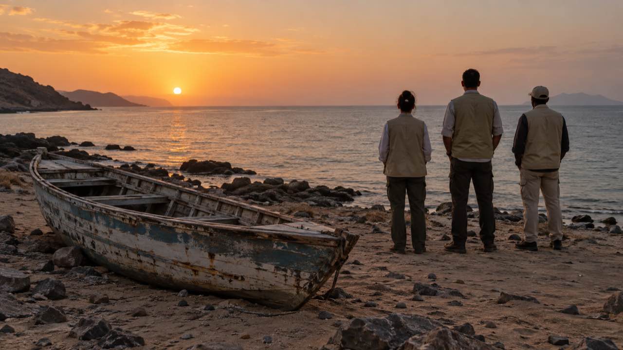 La agencia de la ONU para las migraciones eleva a 139 los muertos en el naufragio frente a Yibuti: 84 siguen desaparecidos 1 Una embarcación de madera varada en una costa árida mientras trabajadores humanitarios miran el mar.