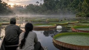 Hojas gigantes de nenúfar y una flor blanca en una laguna de selva, observadas desde una canoa al amanecer.