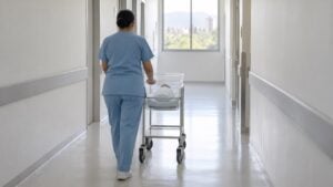 Una enfermera empuja una cuna de recién nacido por el pasillo de un hospital público.