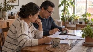 Una pareja revisa en la mesa del comedor los papeles de un crédito con una calculadora.