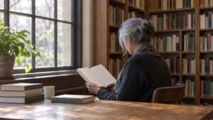 Una mujer lee un libro de poesía junto a la ventana de una biblioteca