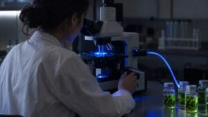 Una investigadora observa una muestra con luz azul junto a una fibra óptica encendida en un laboratorio.