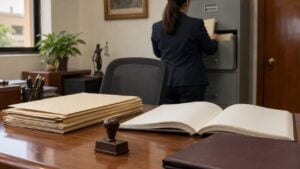 Carpetas y un libro de registro sobre el escritorio de una notaría.