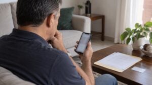 Un hombre mira con desconfianza su celular en la sala de su casa, junto a una carpeta con papeles médicos.