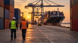 Trabajadores caminan entre contenedores en una terminal portuaria con grúas y un barco atracado.