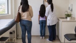 Una pediatra mide la estatura de una niña en un consultorio mientras su madre observa.
