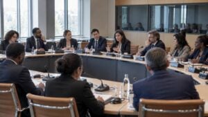 Delegados ficticios participan en una conferencia internacional en una sala con mesas y micrófonos.