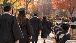 Estudiantes con toga y birrete en una ceremonia de grado en el campus de una universidad.