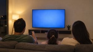 Una familia mira una película en el televisor de su sala.