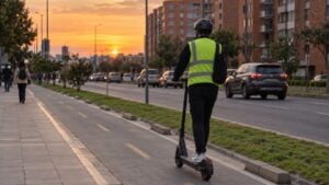 Un hombre con casco y chaleco reflectivo conduce una patineta eléctrica por una ciclorruta al atardecer.