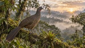Una pava silvestre posada en una rama de un bosque de niebla al amanecer.