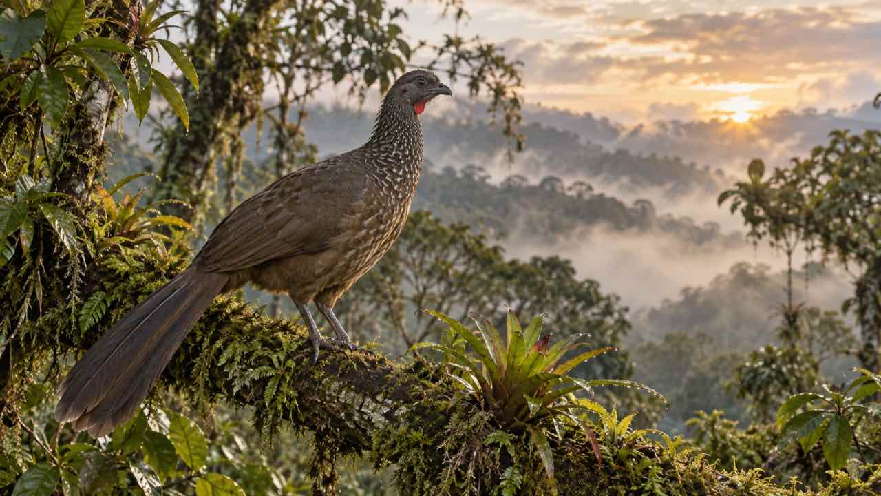 Un estudio en la revista Ibis propone que la pava de Santa Marta sea una especie aparte: sería un ave endémica de la Sierra Nevada 1 Una pava silvestre posada en una rama de un bosque de niebla al amanecer.
