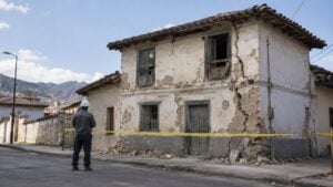 Un trabajador con casco revisa una casa agrietada y acordonada en el centro de una ciudad.