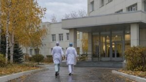 Dos trabajadores de salud con mascarilla caminan hacia un hospital en una ciudad siberiana en otoño.