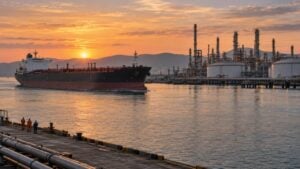 Un buque tanque navega frente a una refinería costera al atardecer.