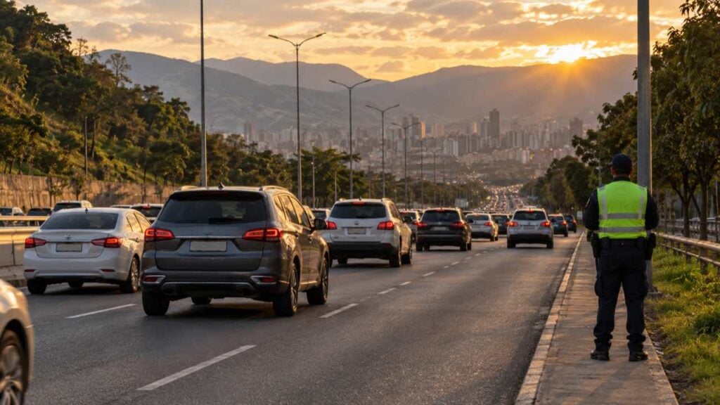 Tráfico denso de carros particulares en una autopista de entrada a la ciudad al atardecer.