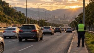 Tráfico denso de carros particulares en una autopista de entrada a la ciudad al atardecer.