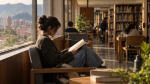 Joven lectora de perfil lee un libro junto al ventanal de una biblioteca pública de Bogotá.