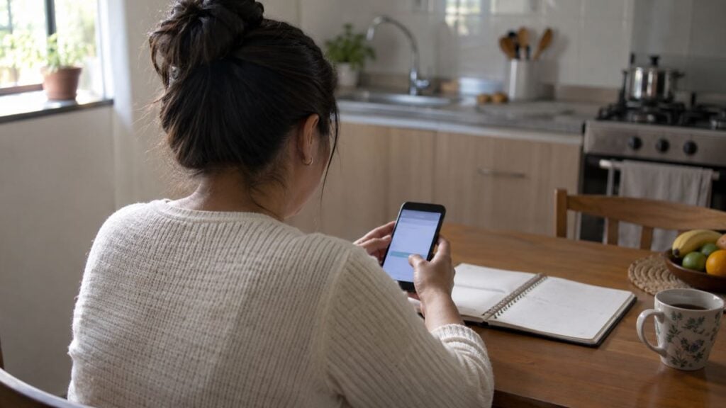 Una trabajadora independiente revisa en su celular un pago de aportes en la mesa de su cocina.