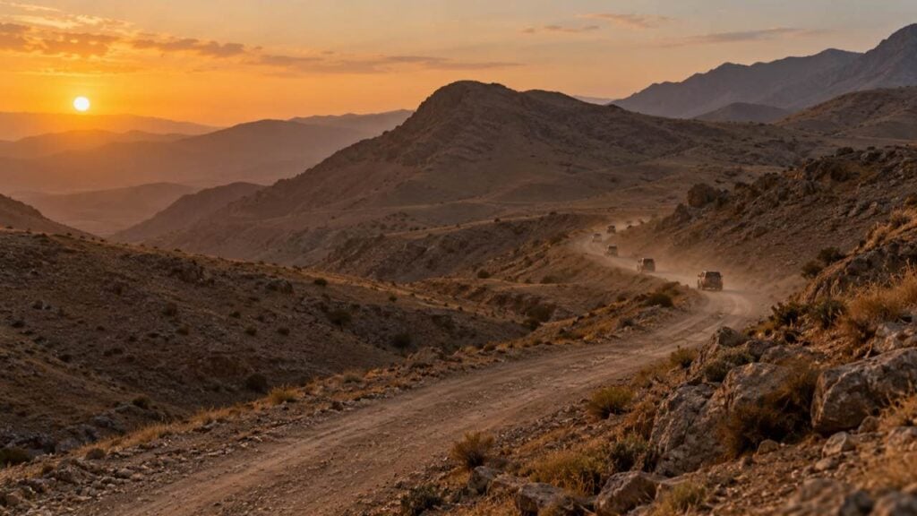 Camino de montaña en el norte de Irak con vehículos que se alejan al atardecer.