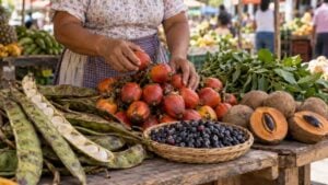 Una vendedora ordena chontaduro, guama, mortiños y zapote en una mesa de una plaza de mercado.