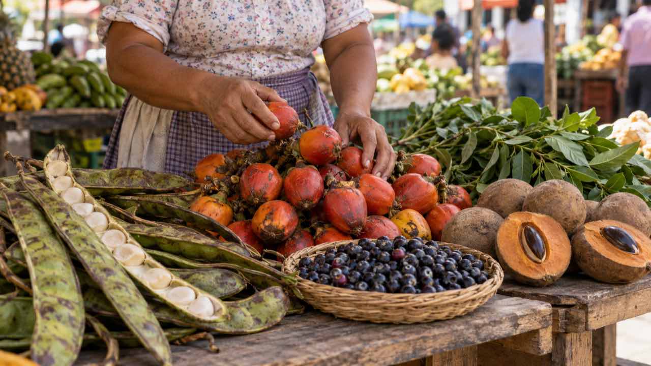La UdeA inventarió más de 1.800 plantas comestibles en Colombia: los agricultores del país cultivan apenas 158 especies nativas 1 Una vendedora ordena chontaduro, guama, mortiños y zapote en una mesa de una plaza de mercado.