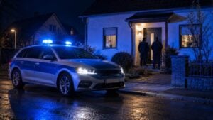 Una patrulla de policía con luces encendidas frente a una casa de noche.