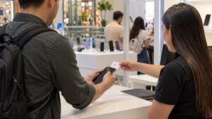 Un cliente entrega su celular a una asesora en el mostrador de una tienda de telefonía mientras recibe una tarjeta SIM.