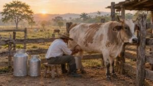 Ganadero con sombrero ordeña una vaca junto a cantinas de aluminio en un corral al amanecer.