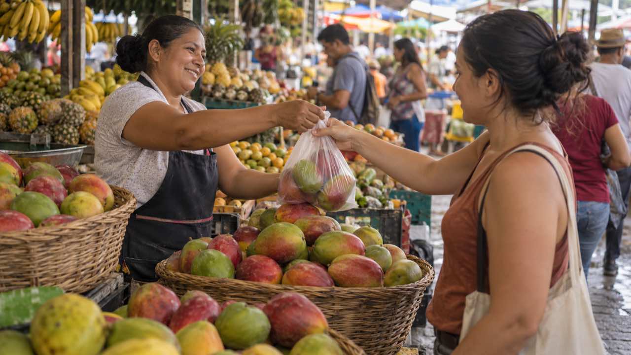 El mango Tommy subió frente a 2025 en los 26 mercados donde lo mide el DANE: en Medellín el comprador mayorista paga el doble 1 Una vendedora entrega una bolsa de mangos Tommy en un puesto de una plaza de mercado colombiana.