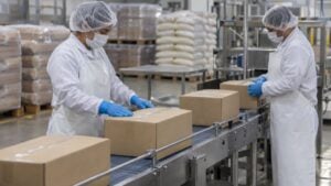 Operarios revisan productos empacados en una planta procesadora de alimentos.