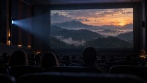 Espectadores de espaldas observan un paisaje andino en la pantalla de una sala de cine a media luz.